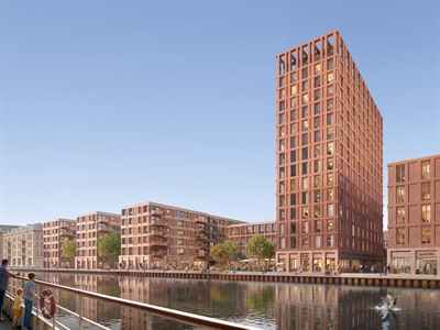 Auf der Brachfläche zwischen Hafenweg und Hafenbecken sollen unter anderem drei Wohngebäude (links) und ein Hotel mit Rooftop-Bar (rechts) entstehen.