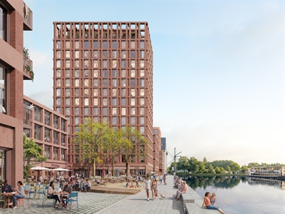 Zwischen Wohngebäuden und Hotel ist ein zentraler öffentlicher Platz direkt am Wasser geplant.